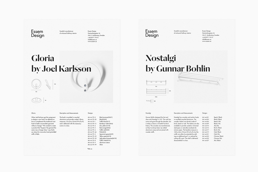 Logotype and product sheet designed by Bedow for Essem Design, a Swedish manufacturer of artisanal hallway interiors.