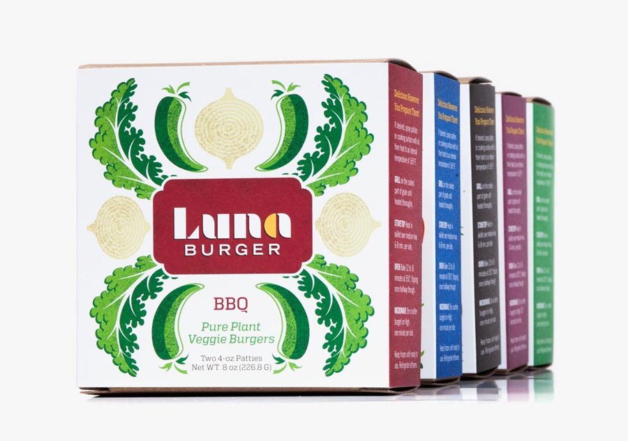 Packaging with illustrative detail for organic veggie and vegan burger range Luna Burger created by Slagle Design