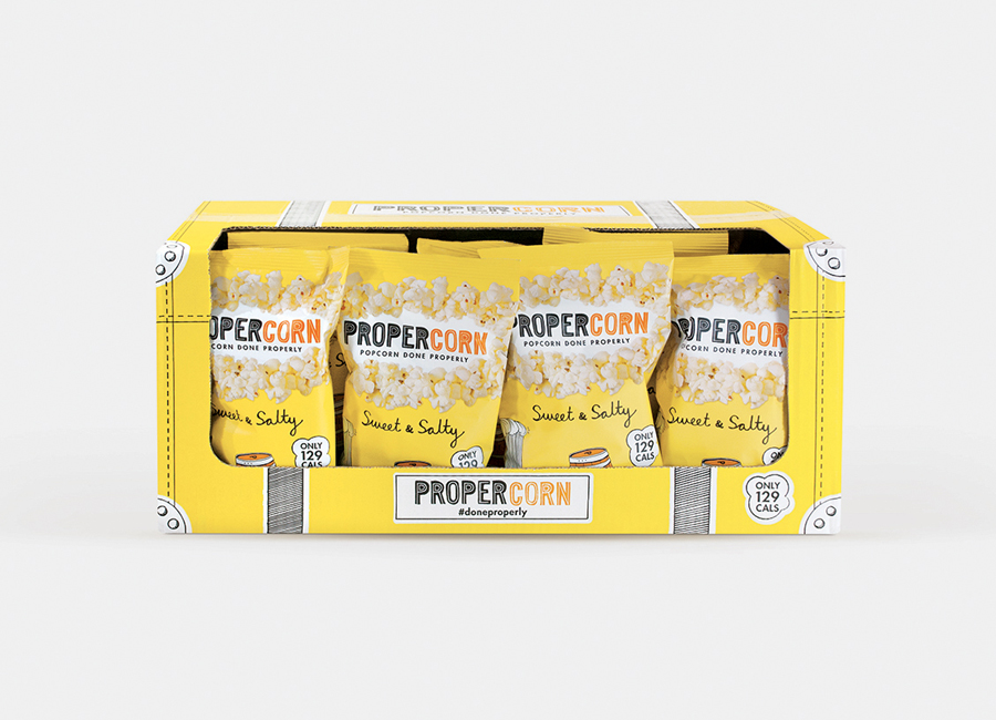 Propercorn packaging 2014 designed by B&B Studio featuring illustrative work by Zoe More O'Ferrall