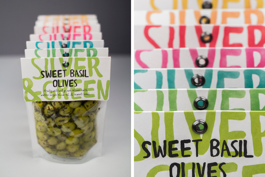 Olive packaging designed by Salad Creative for Mediterranean delicacy producer, importer and wholesaler Silver & Green