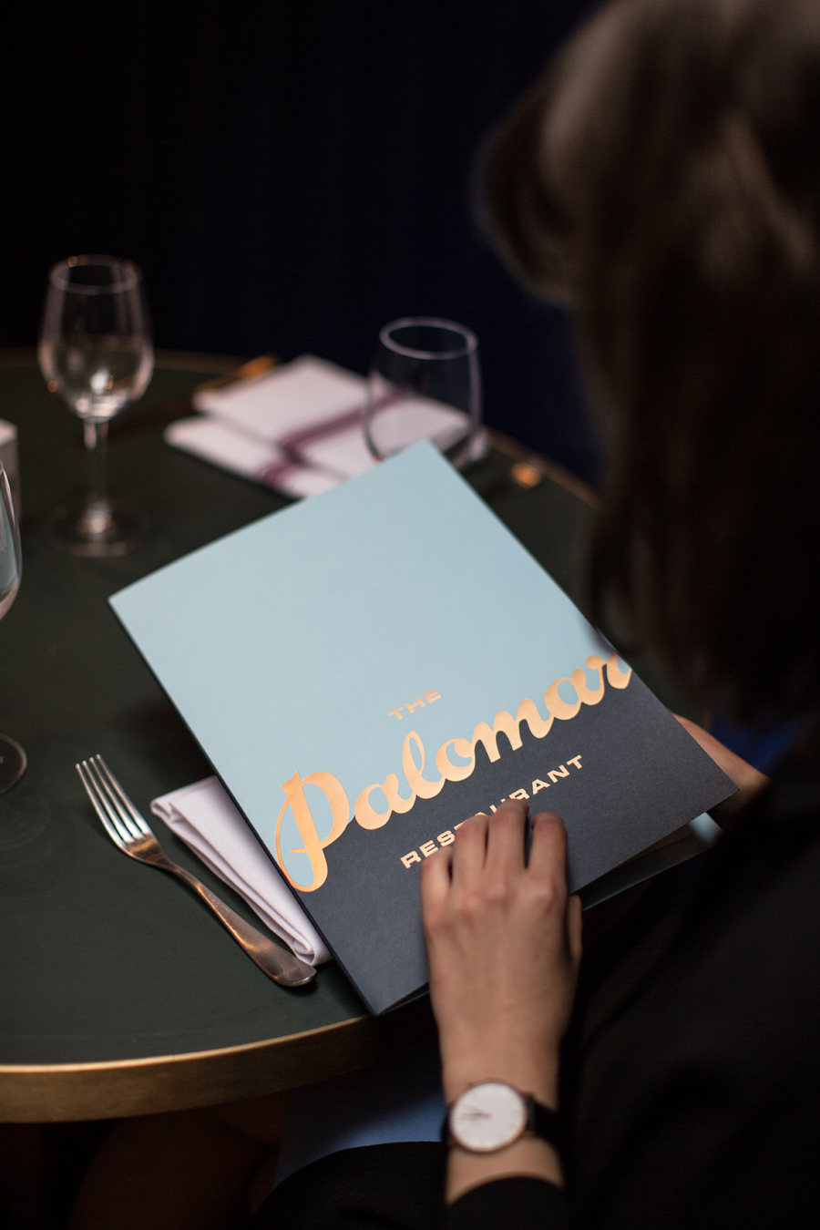 Menu with gold foil detail designed by Here for Soho restaurant The Palomar