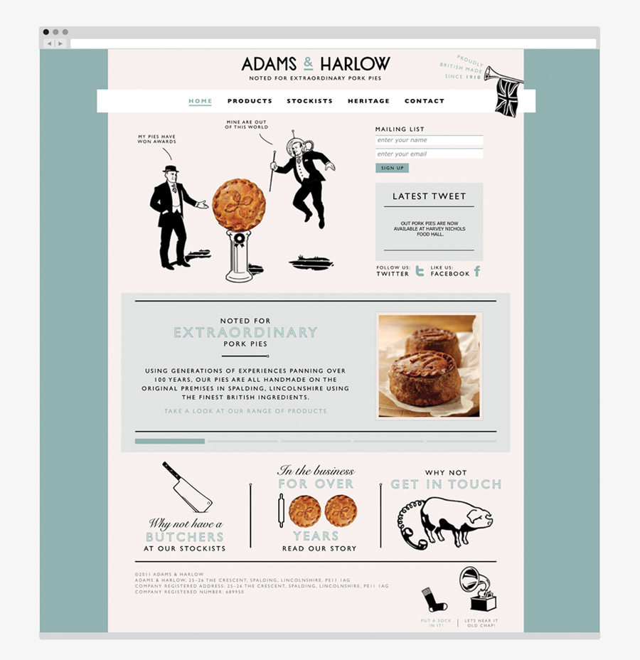 Website created by Designers Anonymous for Lincolnshire made pork pie brand Adams & Harlow