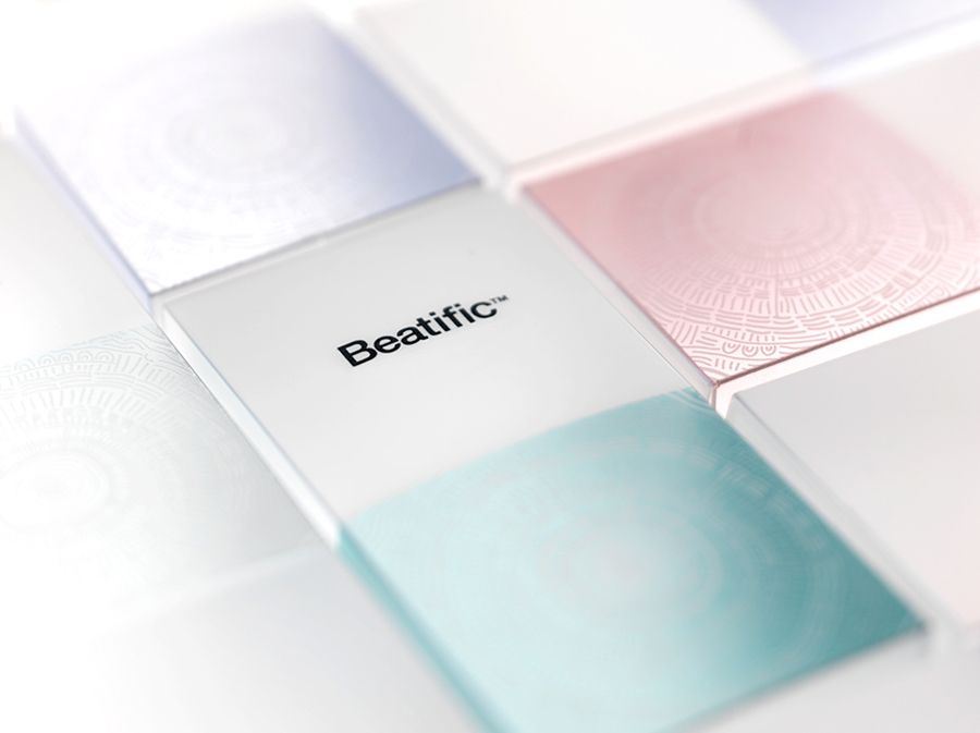 Logo and packaging with frosted plastic and illustrative detail by Mousegraphics for Hygeia Group's new skincare line Beatific