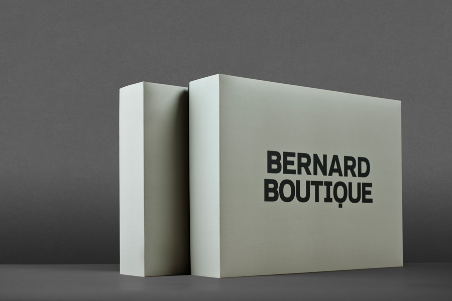 Logo and boxes for award-winning fashion store Bernard Boutique designed by Bunch