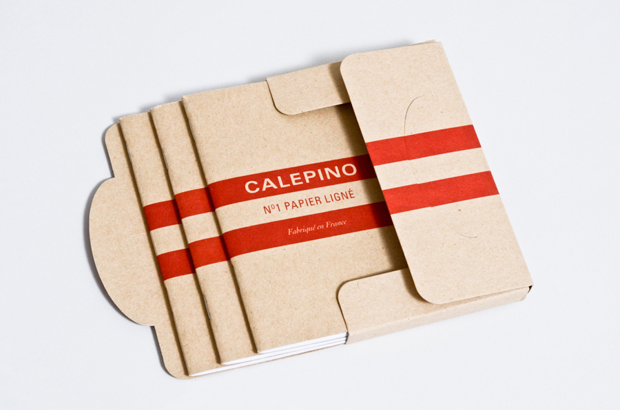 Logo and notebook packaging with uncoated, unbleached material detail designed by Studio Birdsall for French notebook brand and manufacturer Calepino