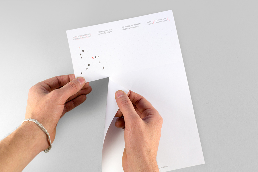 Letterhead and compliment slip with perforated detail designed by Mash Creative and May Ninth for specialist scene setter Curious Space