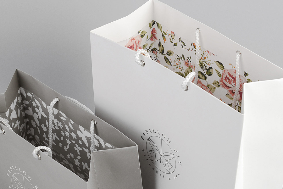 Bags with floral interior walls designed by Sciencewerk for Indonesian spa Papillon Blu