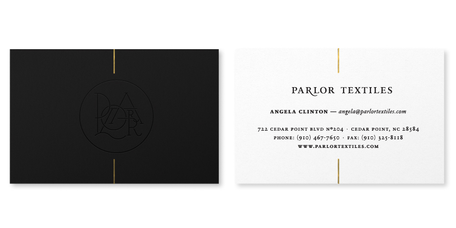 Logo and business card design with gold foil detail created by Face for Parlor Textiles 