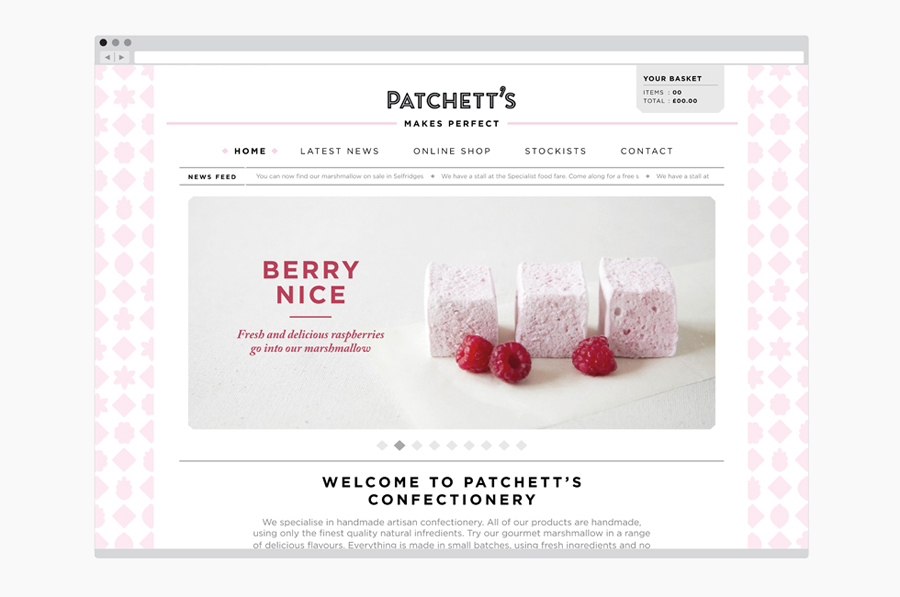 Website for gourmet confectioner Patchett's marshmallow range created by Designers Anonymous