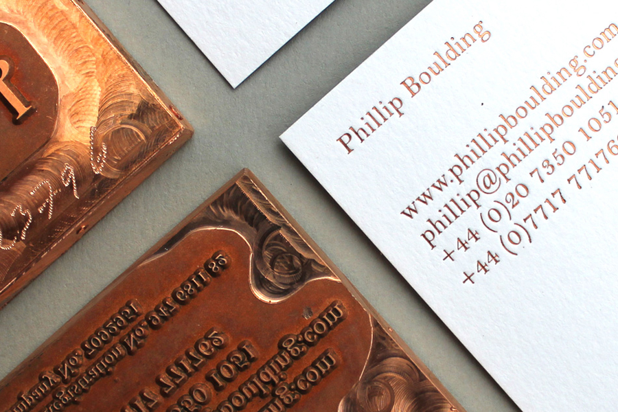 Duplex business card with copper foil detail designed by Stylo for jewellers Phillip Boulding