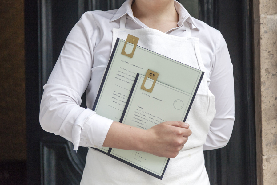 Menu with navy blue and green pastel paper and gold foil detail designed by Savvy for restaurant Casa Virginia