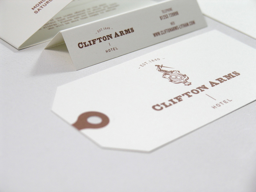 Tags and reservation card with copper ink print treatment designed by Wash for the Clifton Arms Hotel