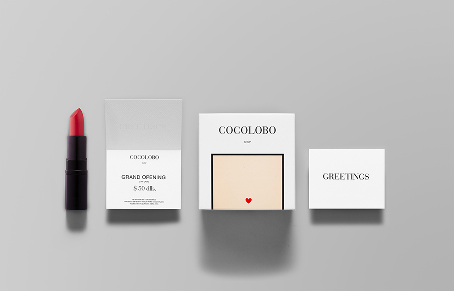 Logo and gift set with red foil print finish designed by Anagrama for high-end shopping boutique Cocolobo