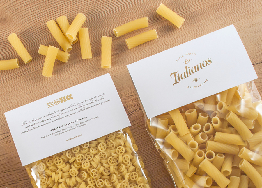 Logo and packaging with gold foil detail designed by Huaman for Barcelona based traditional Italian food producer Los Italianos