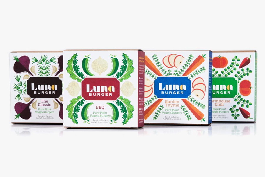 Packaging with illustrative detail for organic veggie and vegan burger range Luna Burger created by Slagle Design