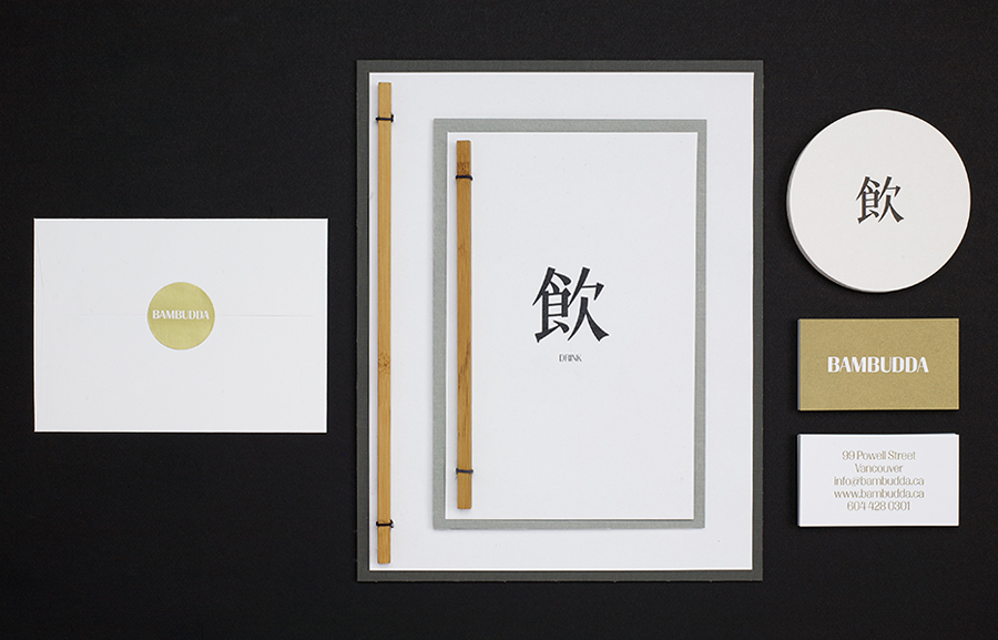 Menu and business card with metallic gold spot colour print finish by Post Projects for Vancover-based Chinese restaurant Bambudda