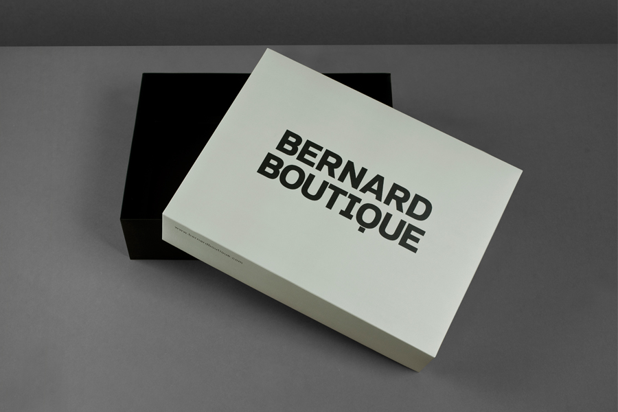 Logo and boxes for award-winning fashion store Bernard Boutique designed by Bunch