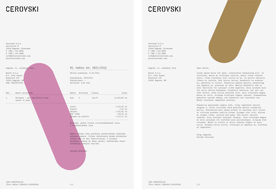 Letterhead with gold metallic ink detail for print production studio Cerovski designed by Bunch