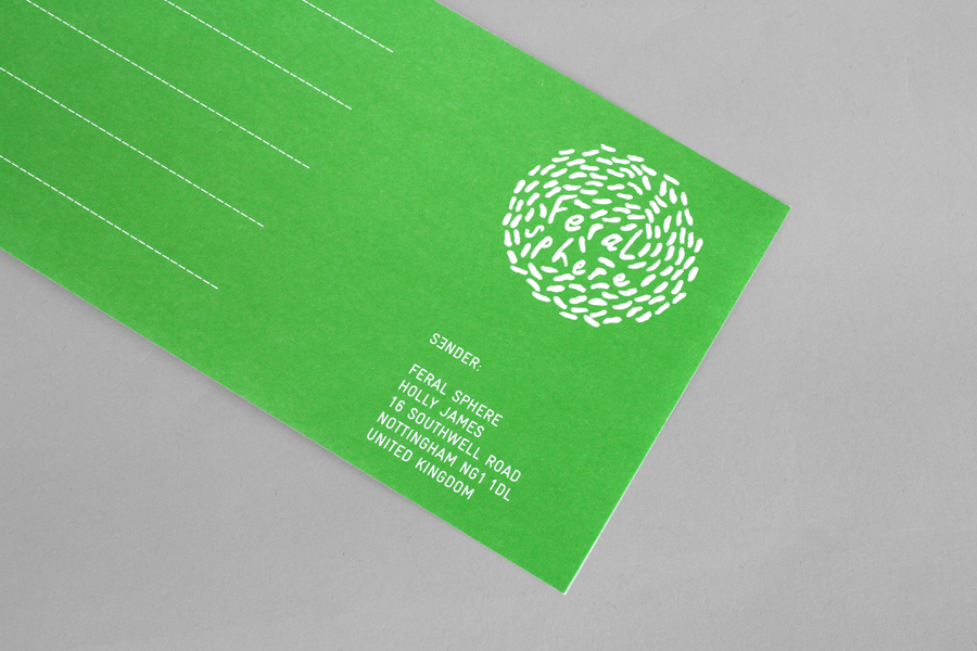 Logo and print with a bright fluorescent spot green print finish designed by Mind for fashion label Feral Sphere