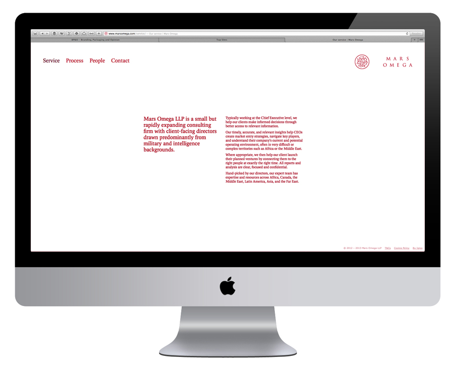 Logo and website for London-based information gathering consultancy Mars Omega designed by Igloo