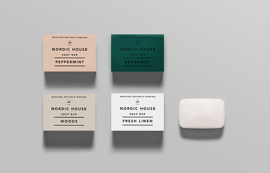 Logo and soap packaging designed by Anagrama for dry cleaning shop Nordic House