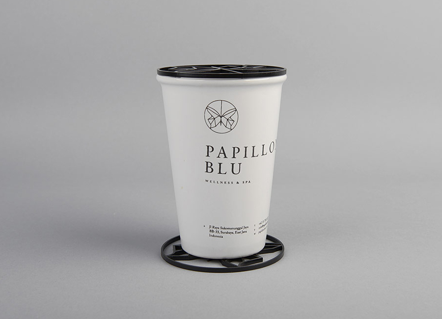 Logo and cup designed by Sciencewerk for Indonesian spa Papillon Blu