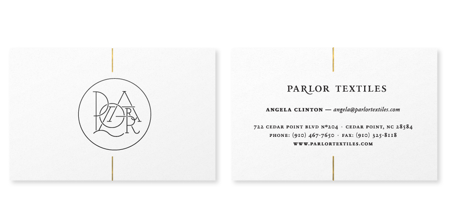 Logo and business card design with gold foil detail created by Face for Parlor Textiles 