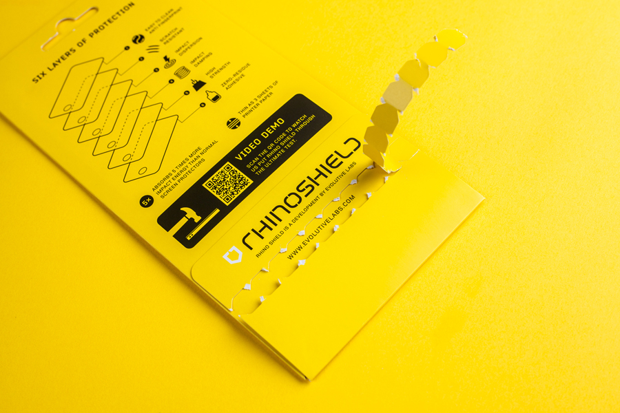 Packaging by Bravo Company for high impact screen protector Rhinoshield
