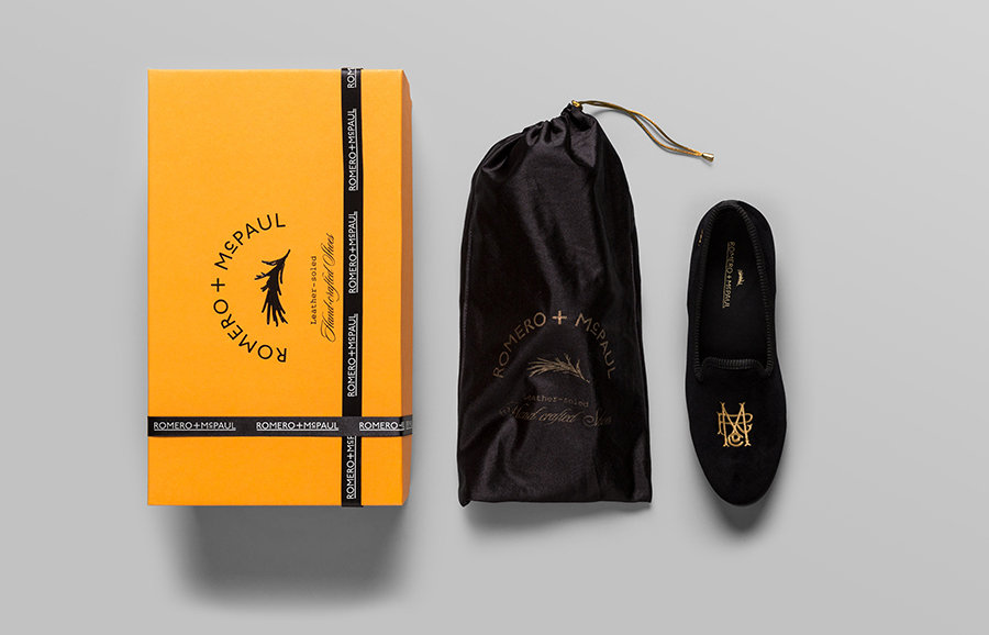 Logo and packaging design by Anagrama for luxury slipper brand Romero+McPaul