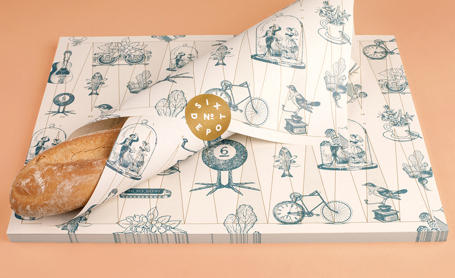 Illustrative wrapping and sticker designed by Perky Bros for small-batch coffee roaster and café No. Six Depot