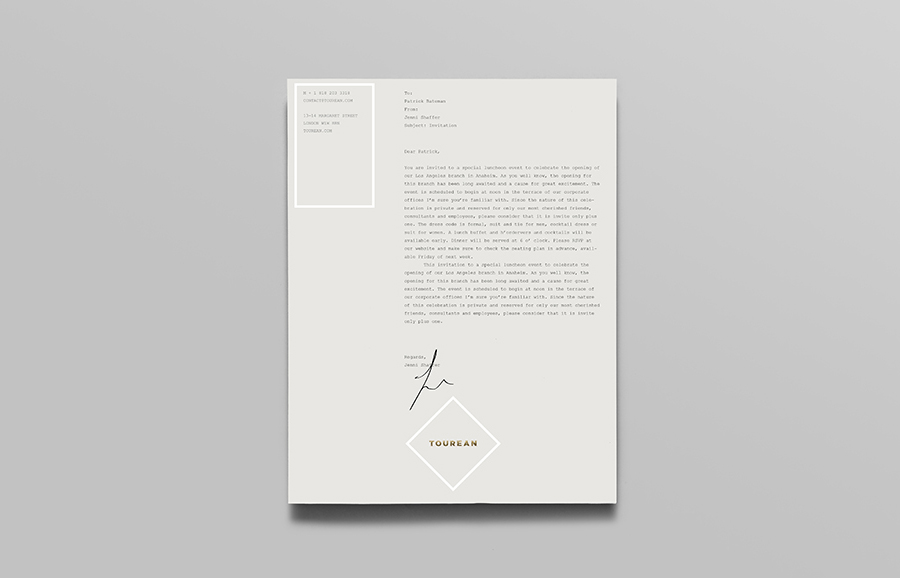 Letterhead with gold and silver foil detail for British multinational venture capital firm Tourean designed by Anagrama 
