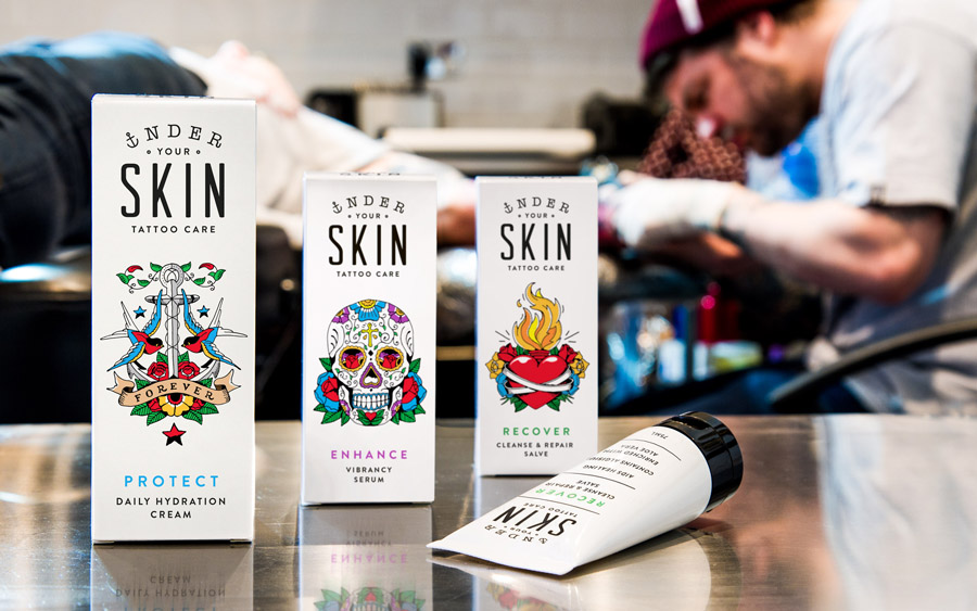 Packaging with bright illustrative detail by Robot Food for tattoo care range Under Your Skin 