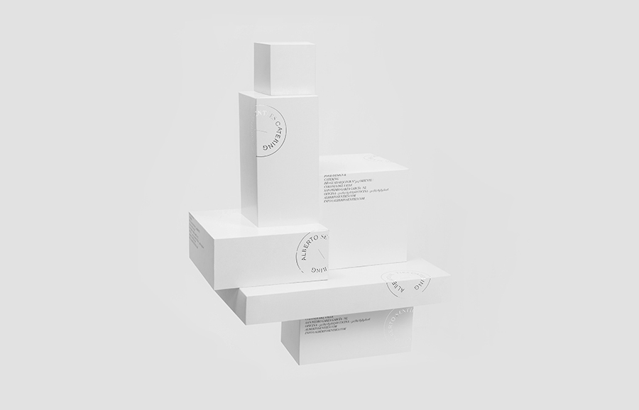 Logo and packaging with silver foil finish for Alberto Senties Catering designed by Anagrama