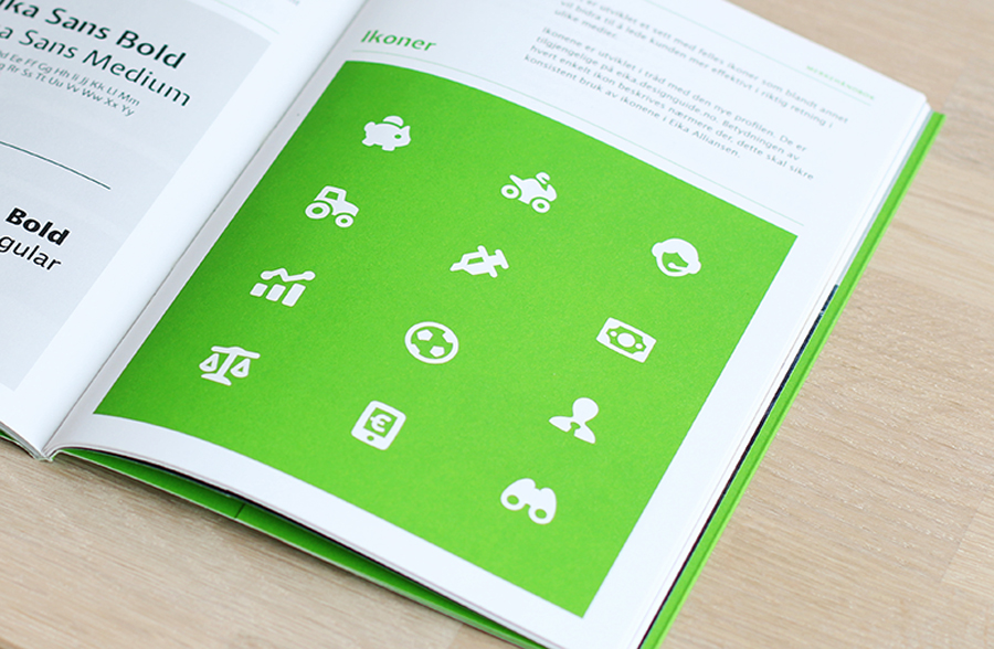 Brand book with green spot detail designed by Mission for local bank alliance Eika