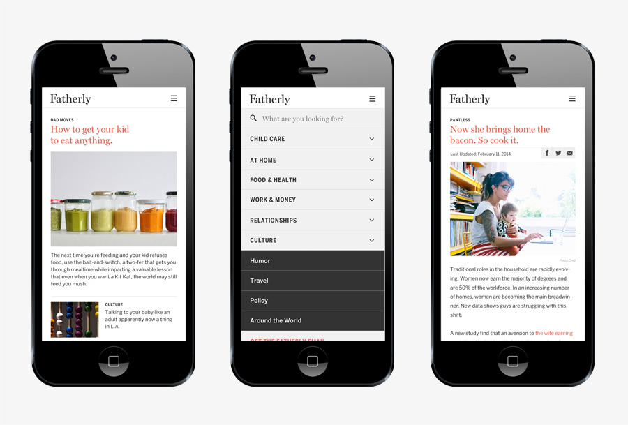 Mobile website designed by Apartment One for dad-centric parenting media platform Fatherly