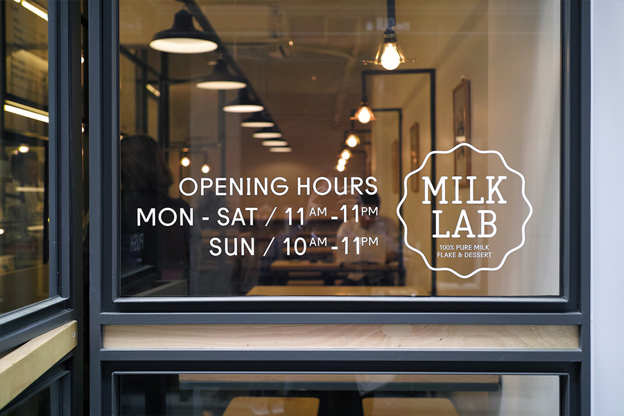 Interior signage designed by Studio FNT for South Korean dessert restaurant Milk Lab