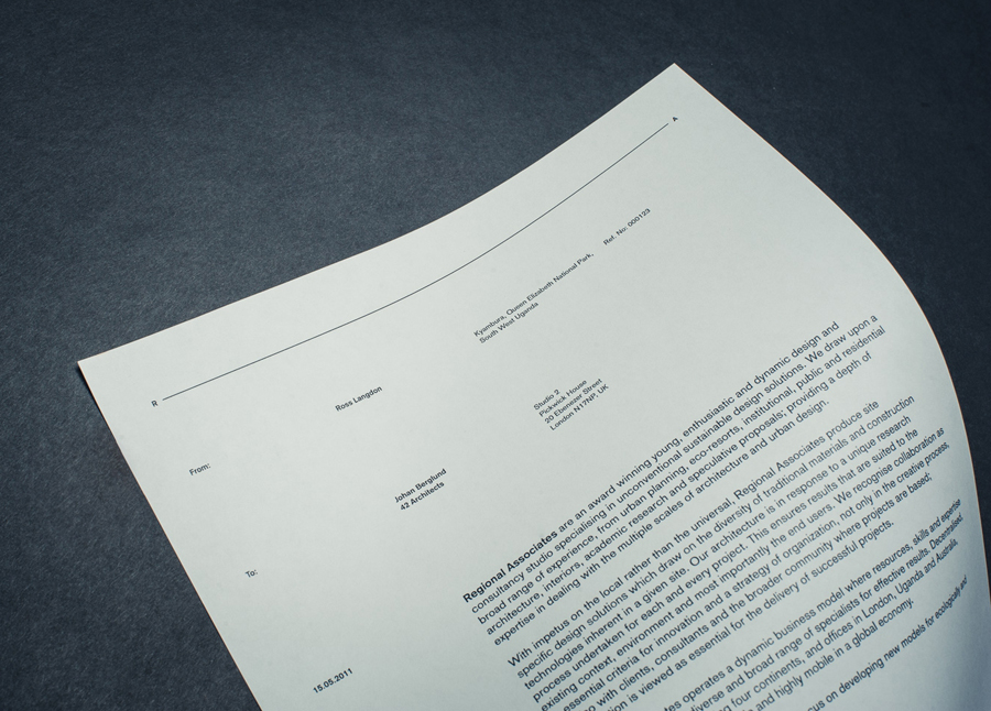 Letterhead designed by Commando Group for architecture and research consultancy Regional Associates