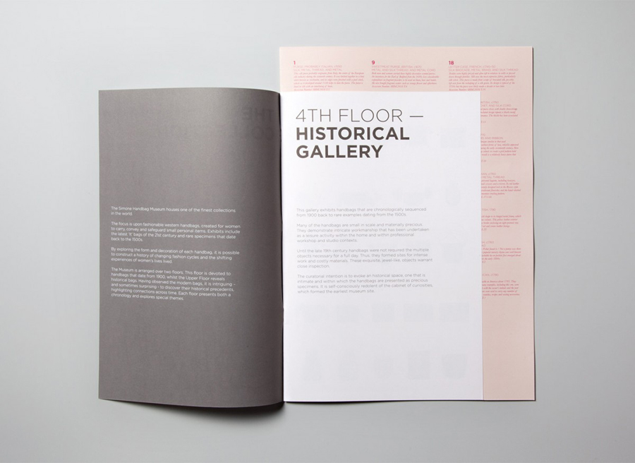 Gallery guide designed by Charlie Smith Design for the Simone Handbag Museum