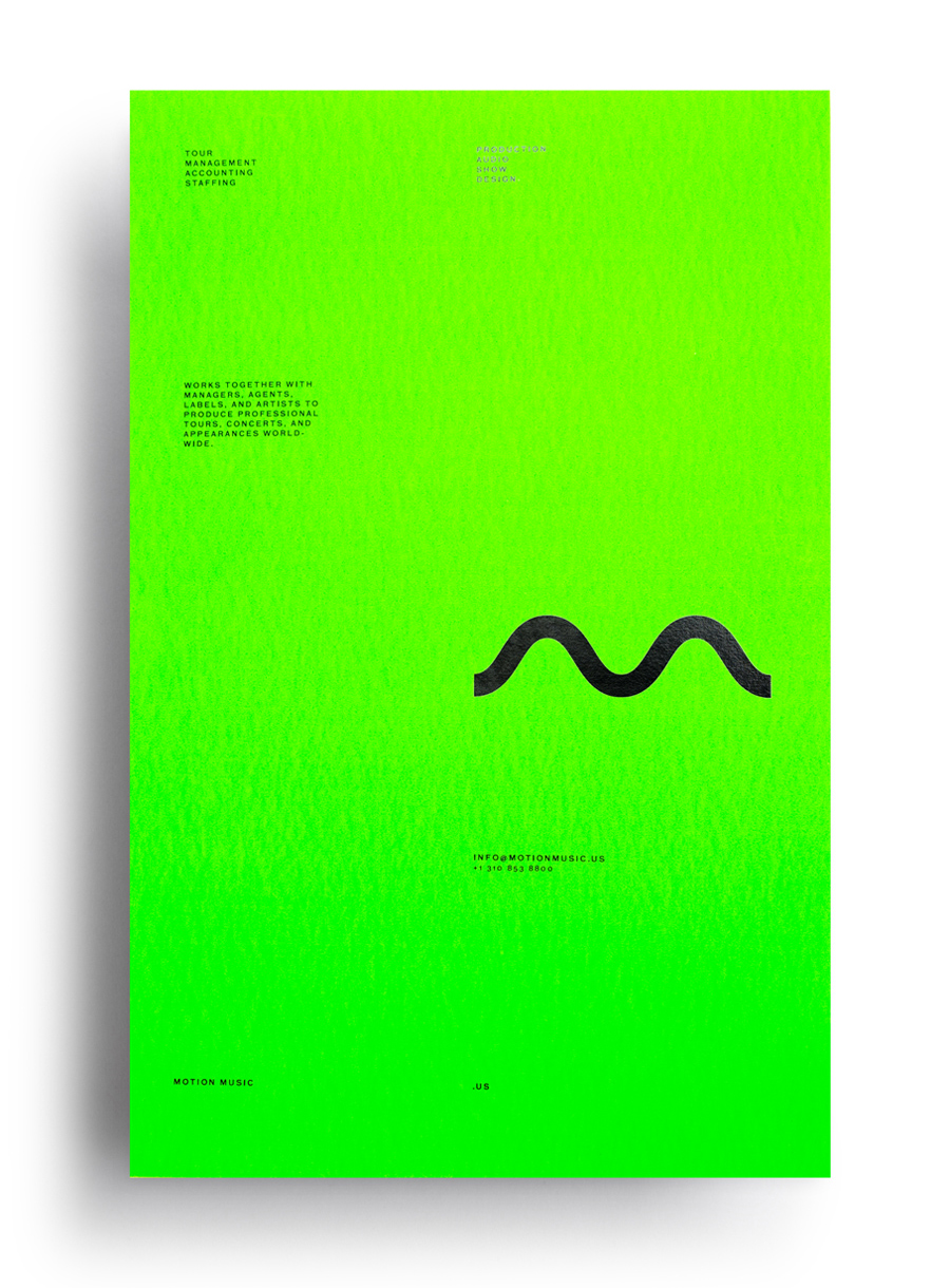 Logo and fluorescent green poster with black block foil detail designed by Face for tour management agency Motion Music