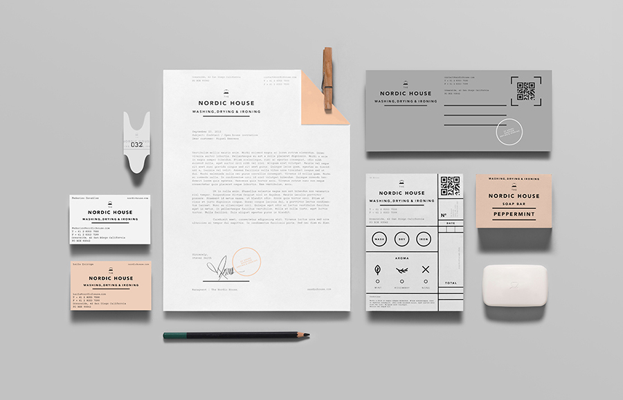 Logo, stationery and soap packaging designed by Anagrama for dry cleaning shop Nordic House