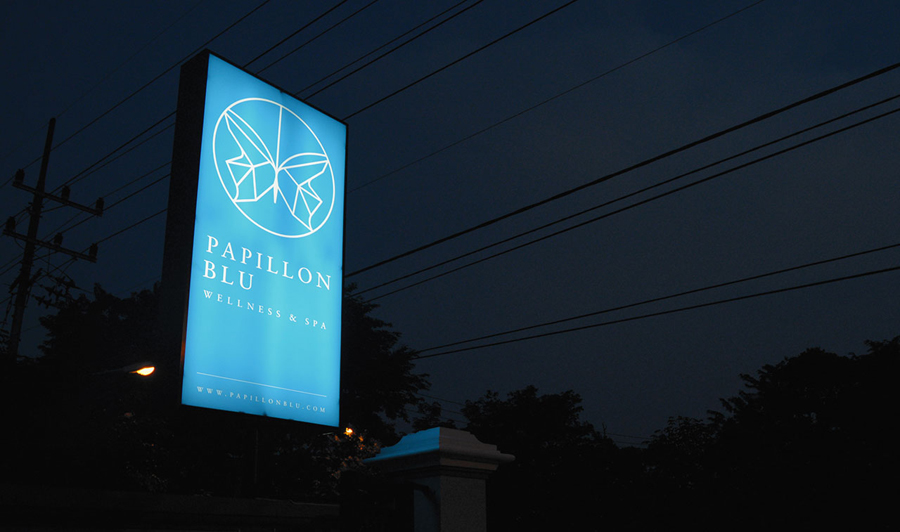 Logo as signage designed by Sciencewerk for Indonesian spa Papillon Blu