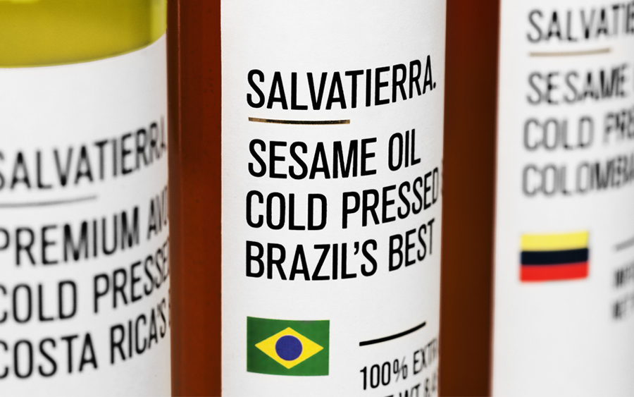 Olive oil packaging with gold foil detail by Anagrama for Latin American premium goods exporter Salvatierra