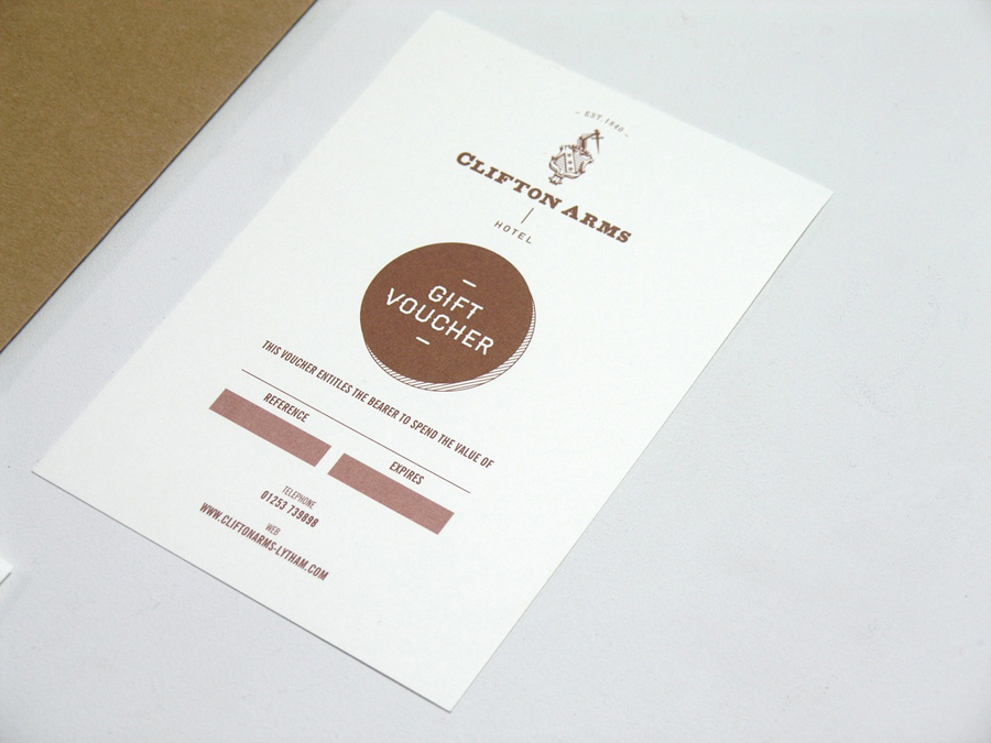 Gift voucher with copper ink print treatment designed by Wash for the Clifton Arms Hotel