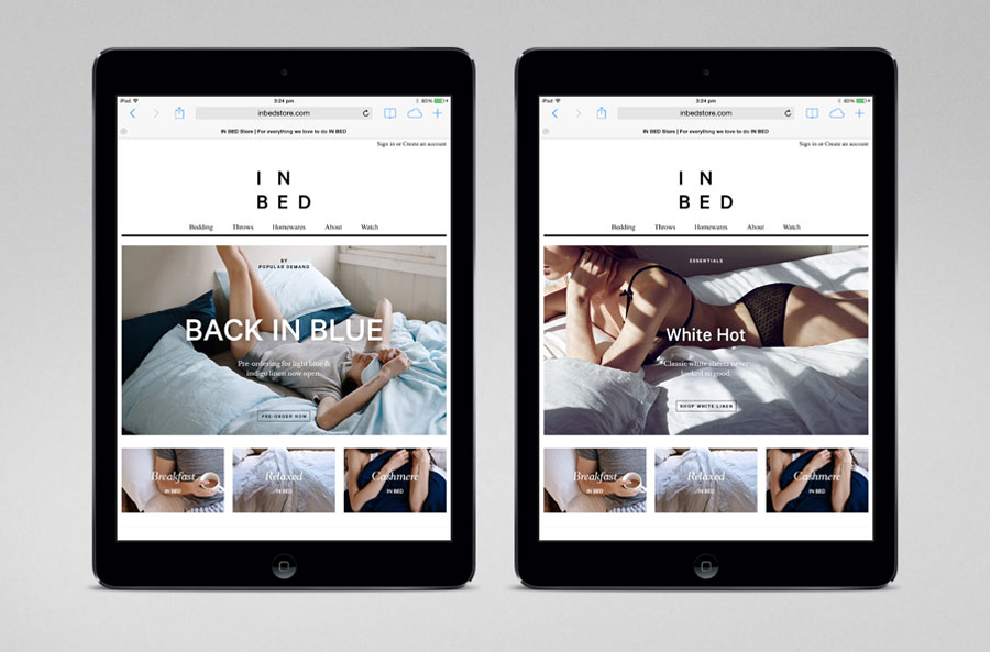 Website for online linen retailer In Bed designed by Moffitt.Moffitt