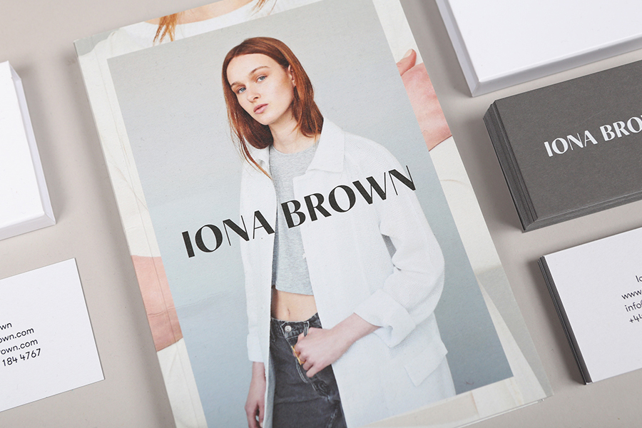 Logo, print and packaging with black block foil detail for contemporary jewellery designer Iona Brown