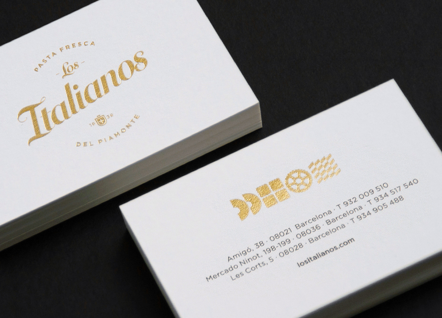 Logo and business cards with gold foil detail designed by Huaman for Barcelona based traditional Italian food producer and retailer Los Italianos