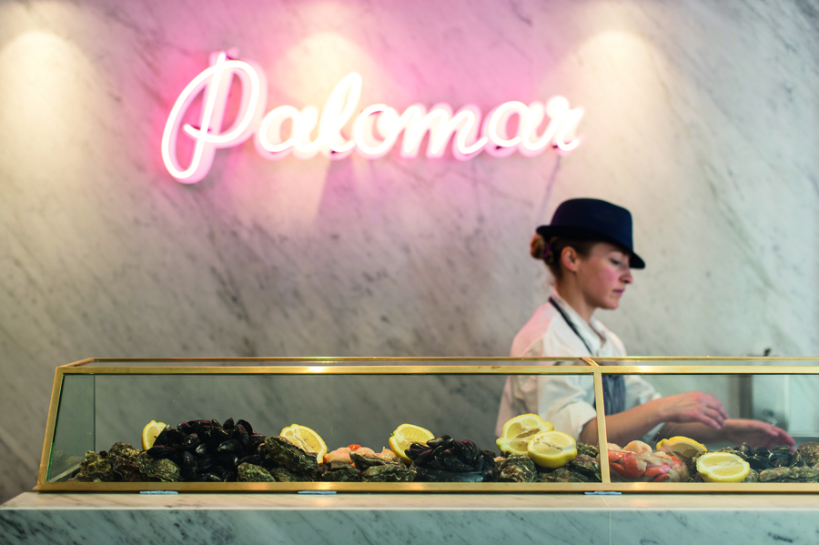 Logotype as neon signage designed by Here for Soho restaurant The Palomar