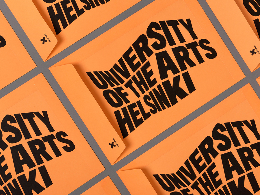 Print with fluorescent orange envelope and black ink detail designed by Bond for the University of the Arts Helsinki