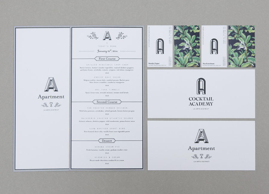 Business cards and menus for cocktail academy Apartment A designed by Say What Studio