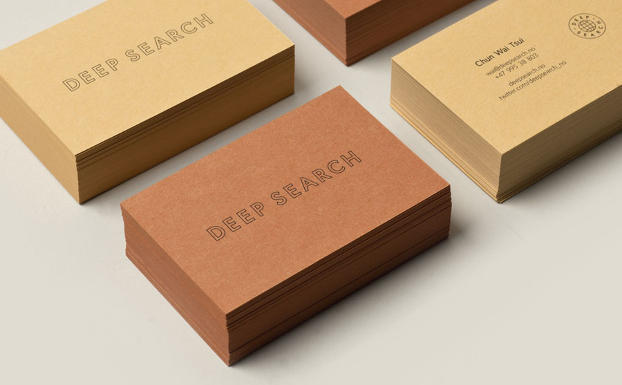 Logotype and business cards with uncoated and unbleached material detail created by Bielke+Yang for Norwegian shoe brand Deep Search